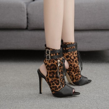 NIUFUNI Women's Sandals Boots Sexy Leopard Ankle Wrap Shoes Woman Fashion Lace Up HIgh Heels Women Boots Female Shoes Summer